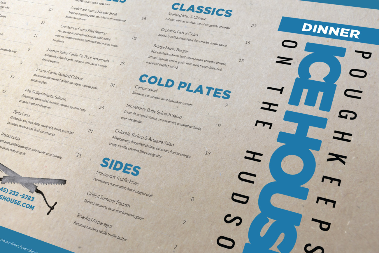 Poughkeepsie Ice House Menu, designed by Query Creative in the Hudson Valley